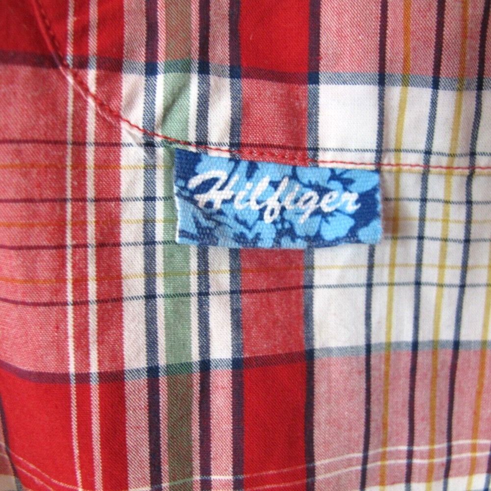 Vintage Tommy Hilfiger Short Sleeve Shirt Men's‎ XL Red Patchwork Floral Plaid - Picture 4 of 7